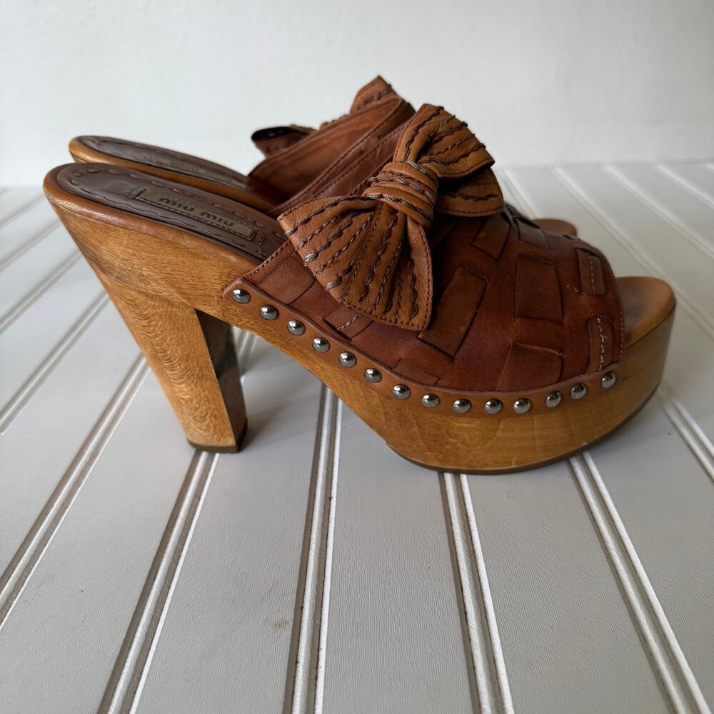 Miu Miu brown woven leather mules prominent bow size 8 - Picture 3 of 16